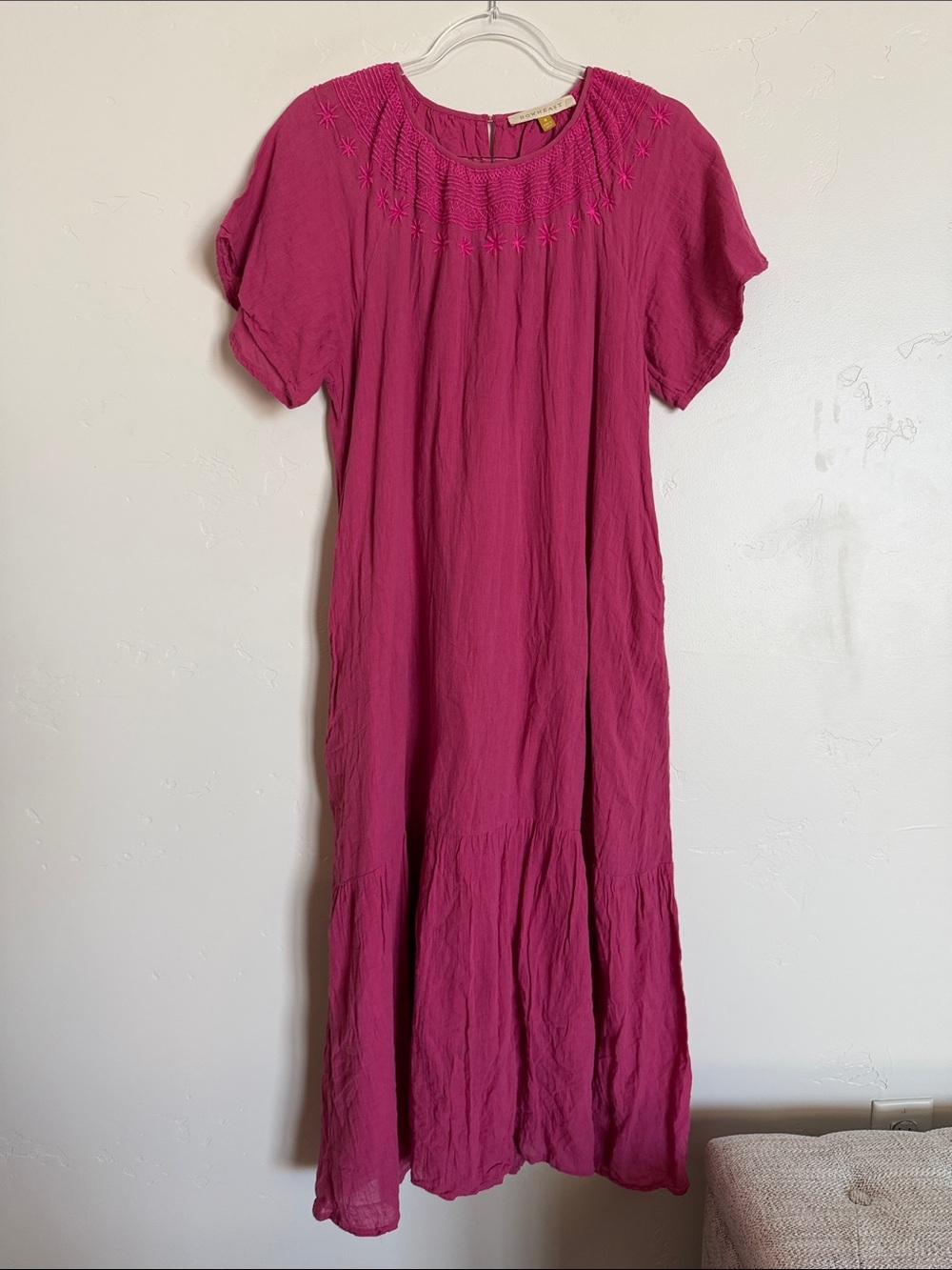 DownEast Cotton Fuchsia Short-Sleeve Maxi Dress Embroidered Pocket Dress